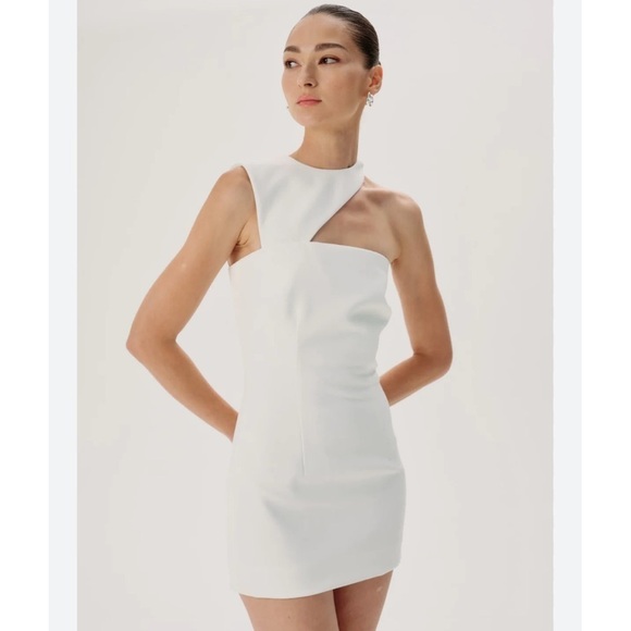 Ronny Kobo Medium Optic White Lunella Mini Sheath Dress Asymmetrical Neck $448 - Picture 1 of 15